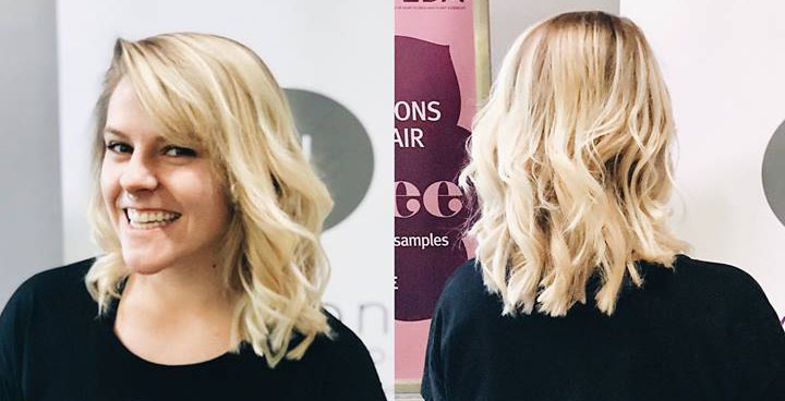 Front and back views of a person with shoulder-length, wavy blonde hair color, smiling in the front view. - Tonya Jones SalonSpa| Birmingham, AL